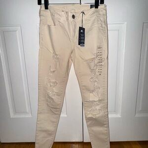 American Eagle Outfitters Women's Cream Distressed Skinny Jeans